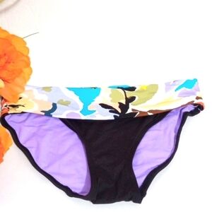 ANNE COLE BLACK LAVENDER MULTI FLORAL RUCHED LOW RISE BIKINI BOTTOM SIZE XS NWOT